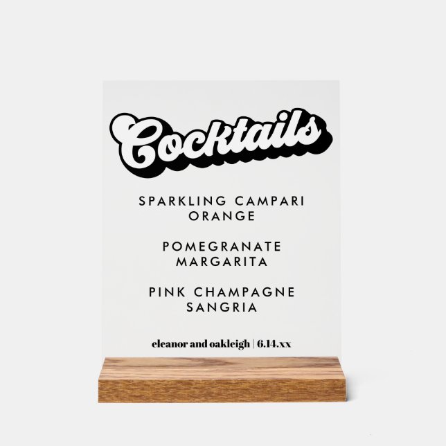 Bold Black White Groovy Wedding Cocktails Clear Acrylic Sign (Front)