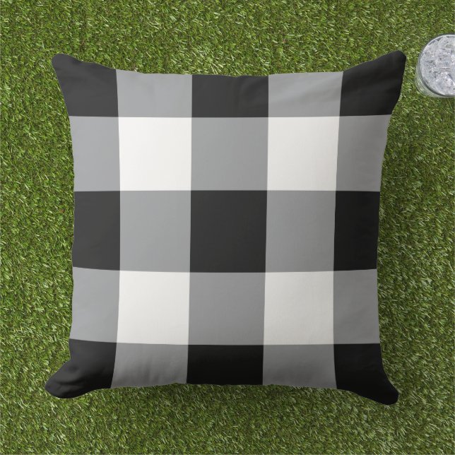 Bold Black White Large Gingham Check Cushion (Grass)