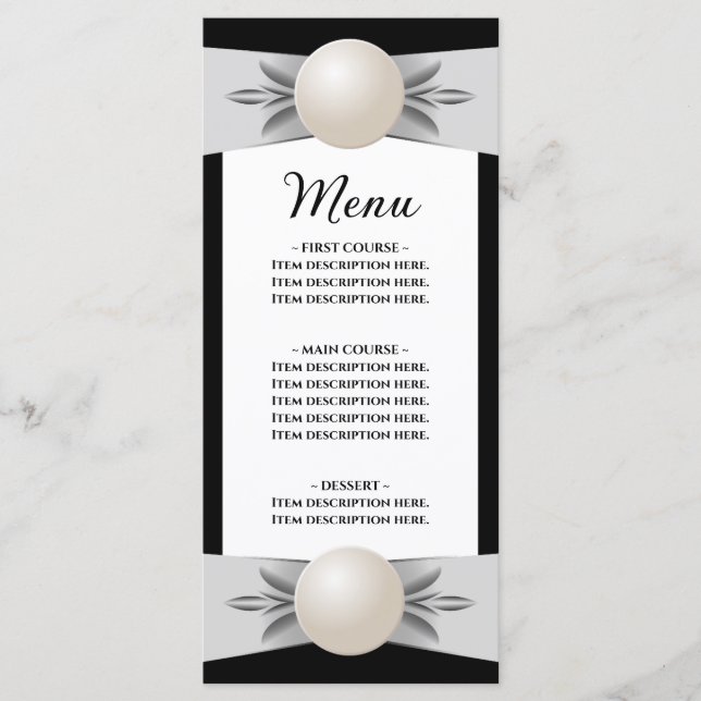 Bold Black & White Pearl Ribbon Wedding Flat Menu (Front)