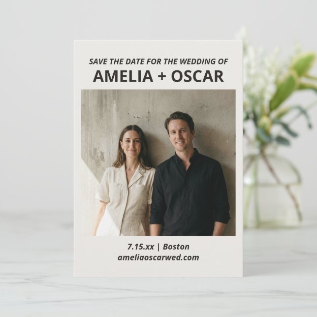 Bold Black White Photo Modern Typography Wedding Save The Date (Standing Front)