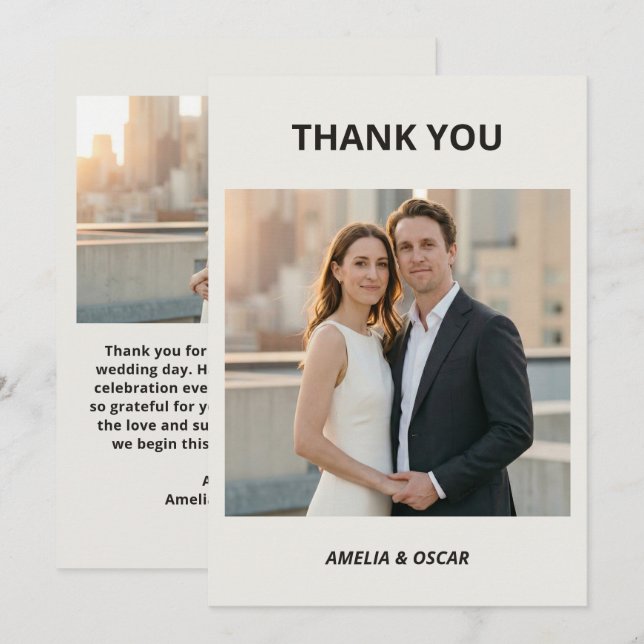 Bold Black White Photo Modern Wedding Custom Thank You Card (Front/Back)