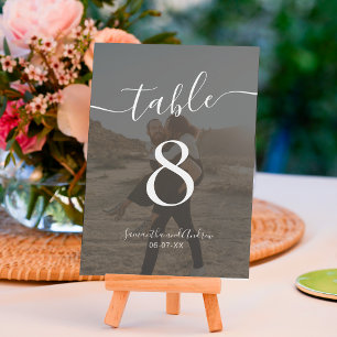Bold black white script names photos wedding table number