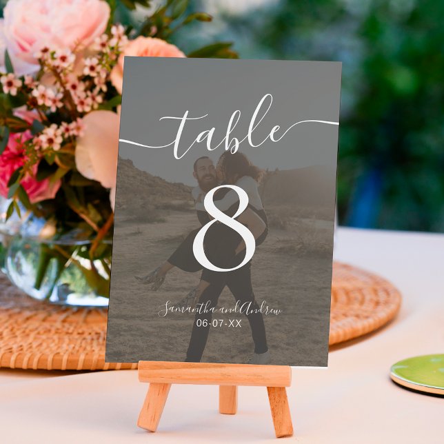 Bold black white script names photos wedding table number (Creator Uploaded)