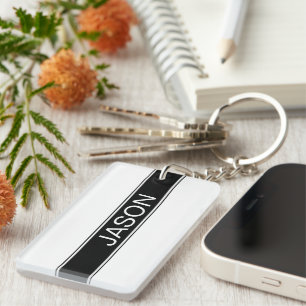 Bold Black & White Stripe Editable Text Key Ring