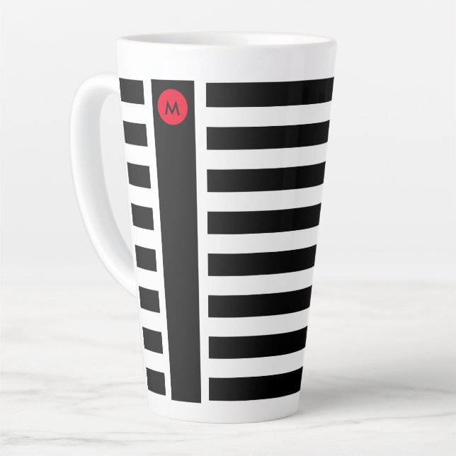 Bold Black White Stripes with Tiny Red Monogram Latte Mug (Left Angle)