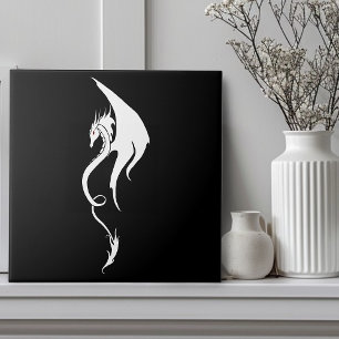Bold Black White Tribal Dragon Illustration Design Ceramic Tile
