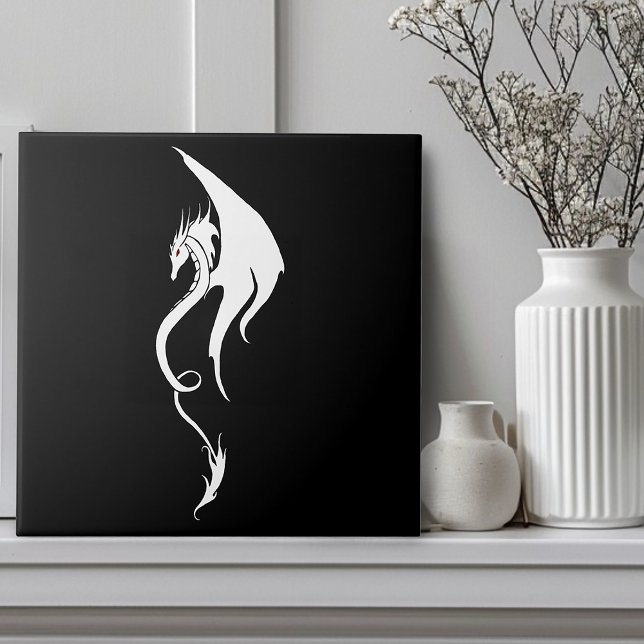 Bold Black White Tribal Dragon Illustration Design Ceramic Tile (Creator Uploaded)