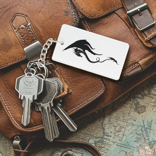 Bold Black White Tribal Dragon Illustration Design Key Ring