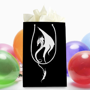 Bold Black White Tribal Dragon Illustration Design Medium Gift Bag