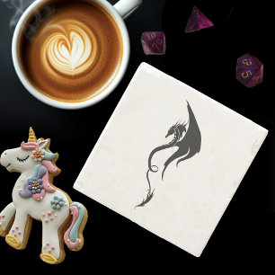 Bold Black White Tribal Dragon Illustration Design Stone Coaster