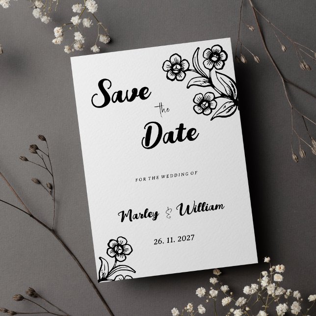 Bold black white typography floral Save the Date  Invitation (Bold black white typography floral Save the Date)