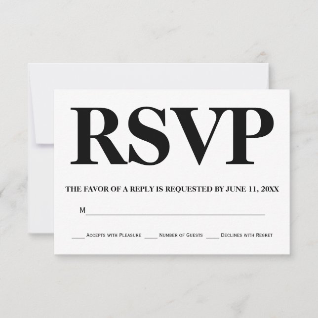 Bold black, white typography stripes wedding RSVP Card (Front)