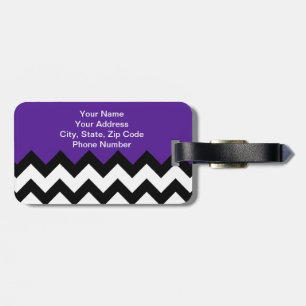 Bold Black White Zigzag Stripes & Eggplant Violet Luggage Tag