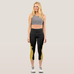 Bold Black with Metallic Gold Unique Stylish Capri Leggings