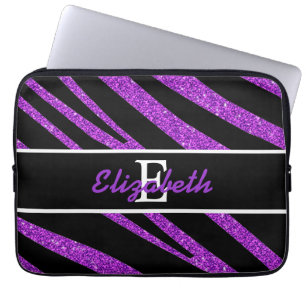 BOLD BLACK ZEBRA STRIPES NAME PURPLE GLITTER LAPTOP SLEEVE