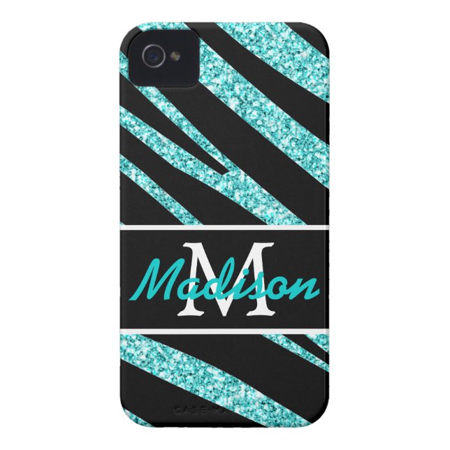 BOLD BLACK ZEBRA STRIPES NAME TEAL GLITTER Case-Mate iPhone CASE (Back)