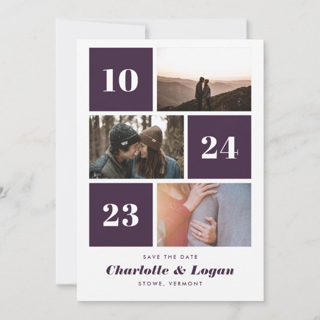 Bold Blocks Plum Three Photo Save The Date (Front)