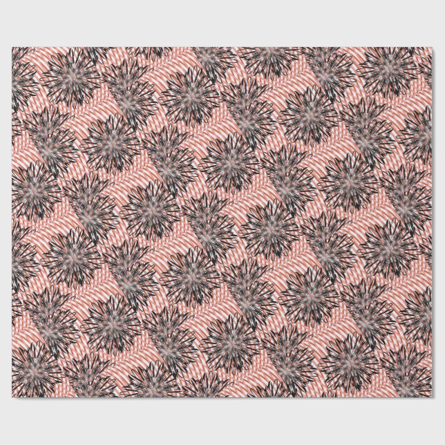 Bold Bloom Fusion – Abstract Black Florals on Wavy Wrapping Paper (Flat)