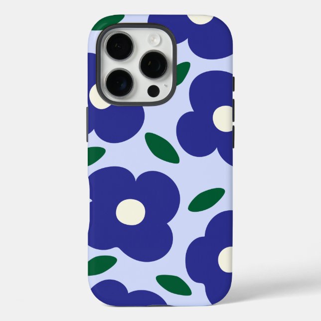 Bold Blue Abstract Retro Flower Pattern  Case-Mate iPhone Case (Back)