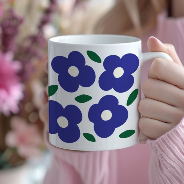 Bold Blue Abstract Retro Flower Pattern Coffee Mug (navy blue abstract floral art coffee mug)