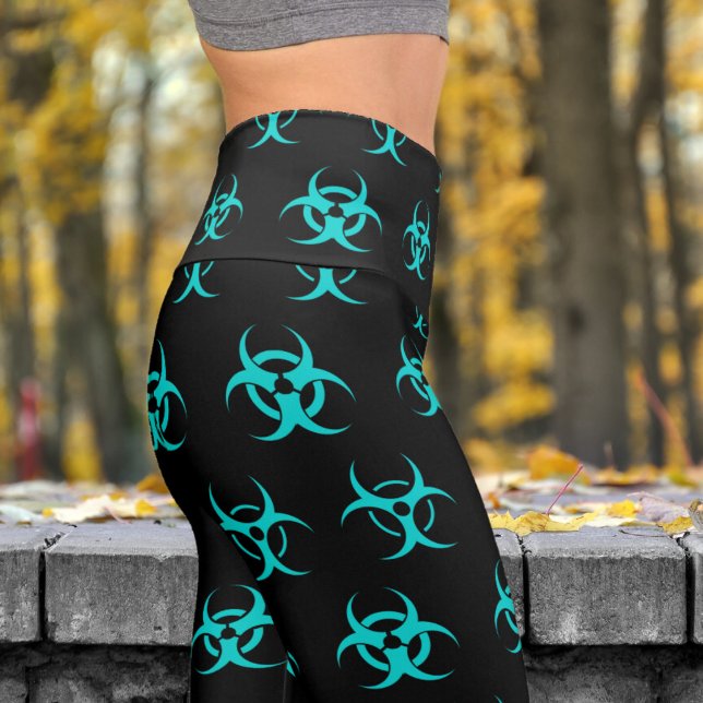 Bold Blue and Black Biohazard Pattern Yoga Capri Leggings (Biohazard Blue on Black)