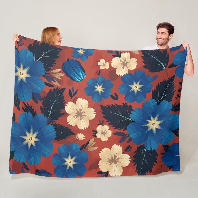 Bold Blue and Cream Floral on Red Background Fleece Blanket (In Situ)
