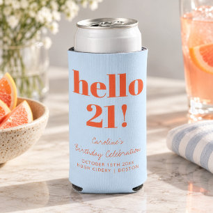 Bold Blue and Orange Modern 21st Birthday Custom Seltzer Can Cooler