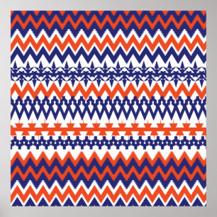 Bold Blue and Orange Tribal Chevron Pattern Poster
