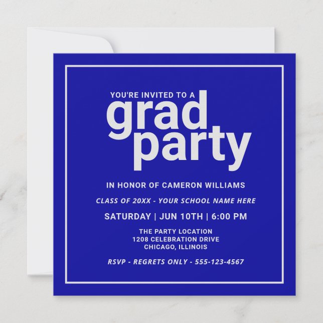 Bold Blue and Silver Grey Modern Basic Grad Party Invitation (Front)