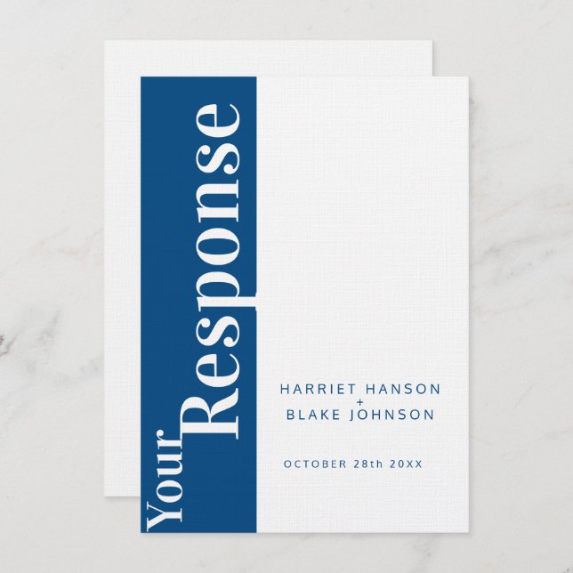 Bold blue and white text wedding reply RSVP Invitation (Front/Back)