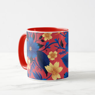 Bold Blue and Yellow Floral on Red Background Mug