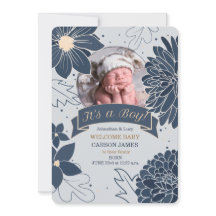 Bold Blue Botanical It's a Boy Birth Announcement