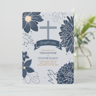 Bold Blue Botanicals with Cross Baptism Invitation