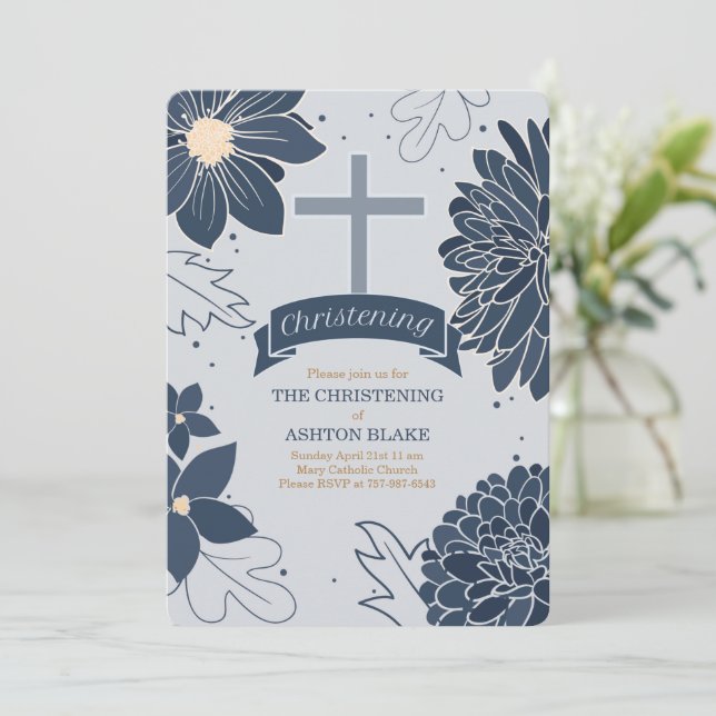 Bold Blue Botanicals with Cross Christening Invitation (Standing Front)