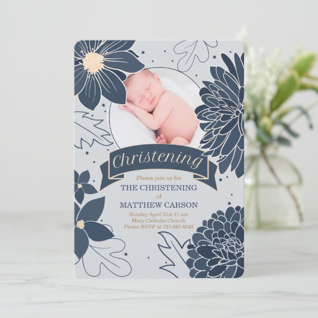 Bold Blue Botanicals with Photo Christening Invitation (Standing Front)