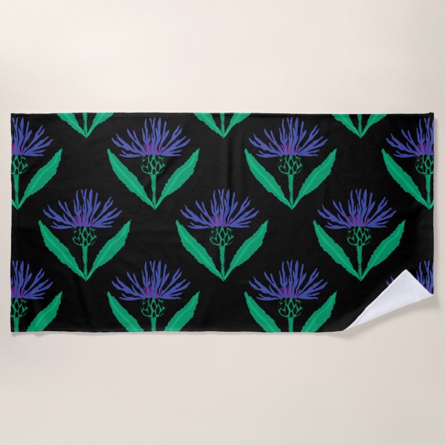 Bold blue cornflower on black beach towel (Front)