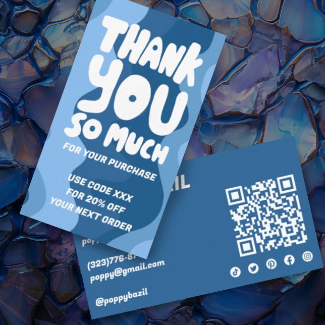 Bold Blue Curves Order Thank You Social QR Code  Business Card (Custom order thank you discount code business card with social media icons and QR code in blue)
