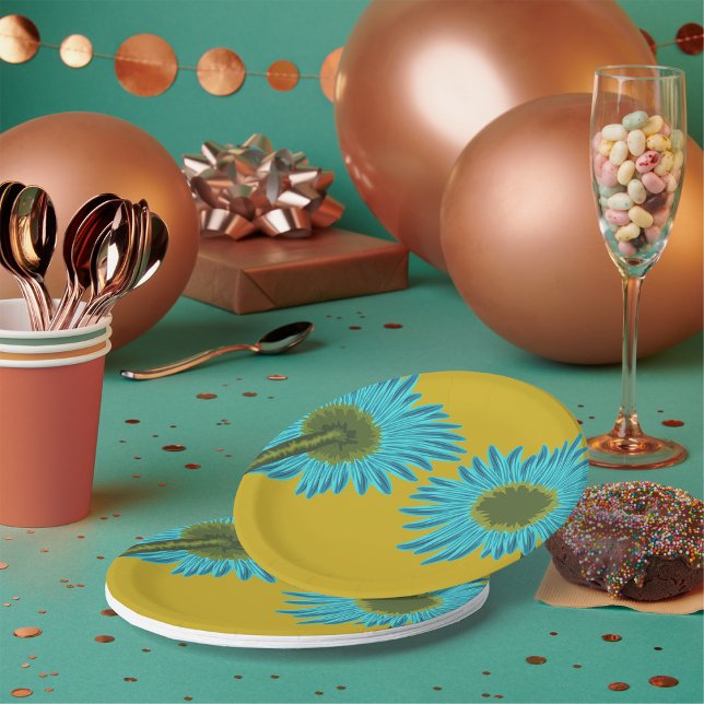 Bold Blue Daisy Art on Mustard Yellow Background  Paper Plate (Creator Uploaded)