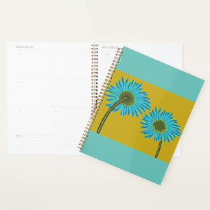 Bold Blue Daisy Art on Mustard Yellow Background  Planner