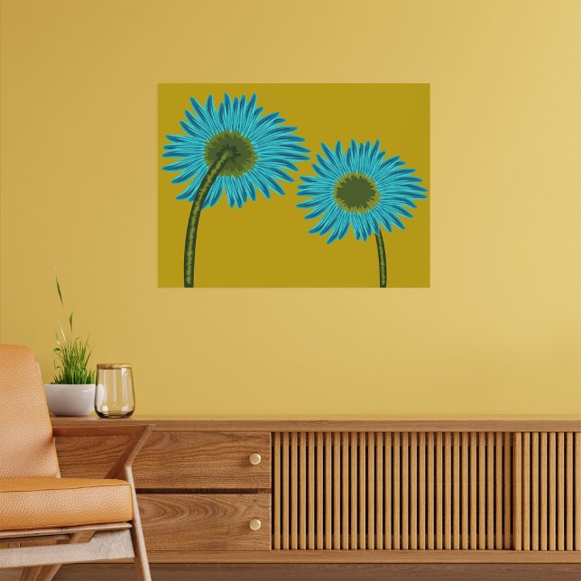 Bold Blue Daisy Art on Mustard Yellow Background  Poster (Creator Uploaded)