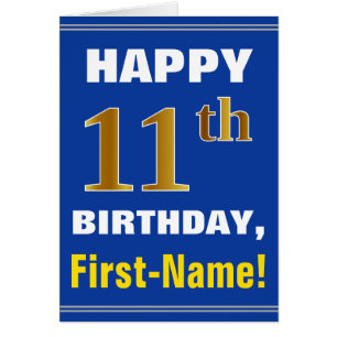 Bold, Blue, Faux Gold 11th Birthday w/ Name Card
