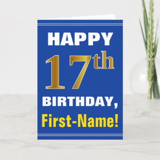 Bold, Blue, Faux Gold 17th Birthday w/ Name Card