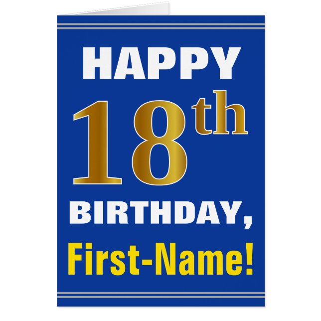 Bold, Blue, Faux Gold 18th Birthday w/ Name Card (Front)