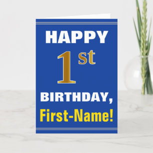 Bold, Blue, Faux Gold 1st Birthday w/ Name Card