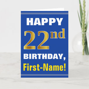 Bold, Blue, Faux Gold 22nd Birthday w/ Name Card