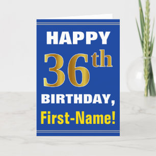 Bold, Blue, Faux Gold 36th Birthday w/ Name Card