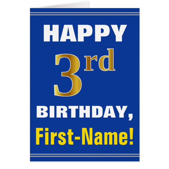 Bold, Blue, Faux Gold 3rd Birthday w/ Name Card (Front)