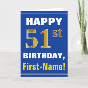 Bold, Blue, Faux Gold 51st Birthday w/ Name Card