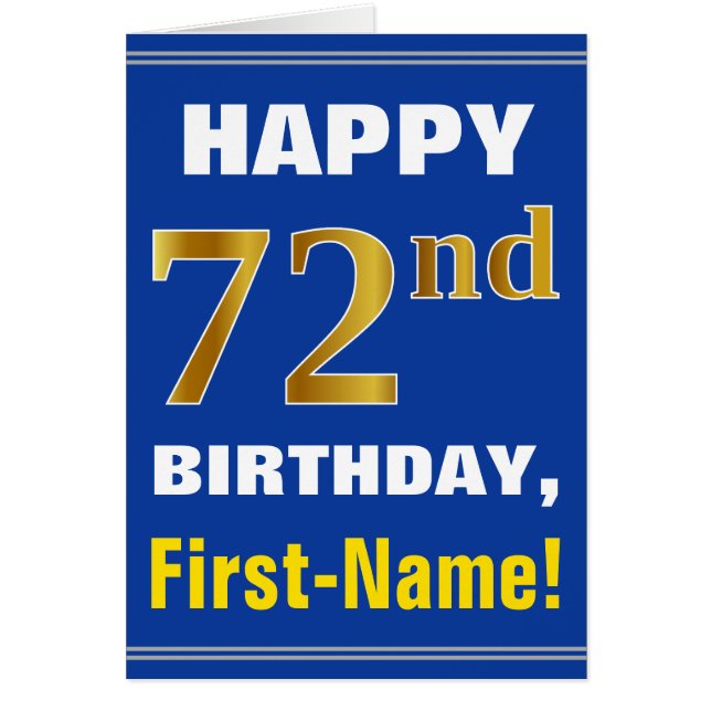 Bold, Blue, Faux Gold 72nd Birthday w/ Name Card (Front)