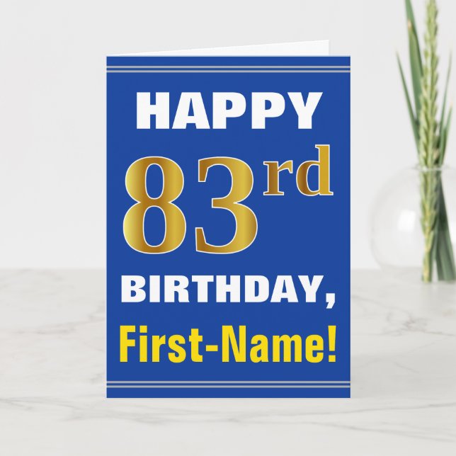 Bold, Blue, Faux Gold 83rd Birthday w/ Name Card (Front)